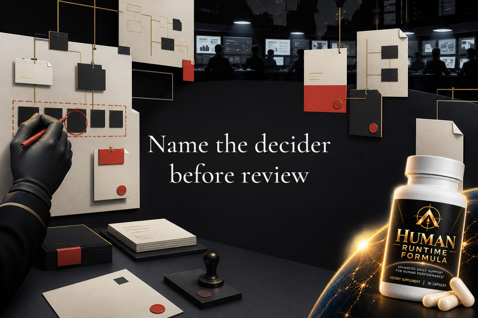 Name the decider before review. Paper org charts and approval boxes floating over a busy multi-agent control room, with signatures lagging behind automated actions — This week, document which workflow steps are only AI-assisted and which ones an…