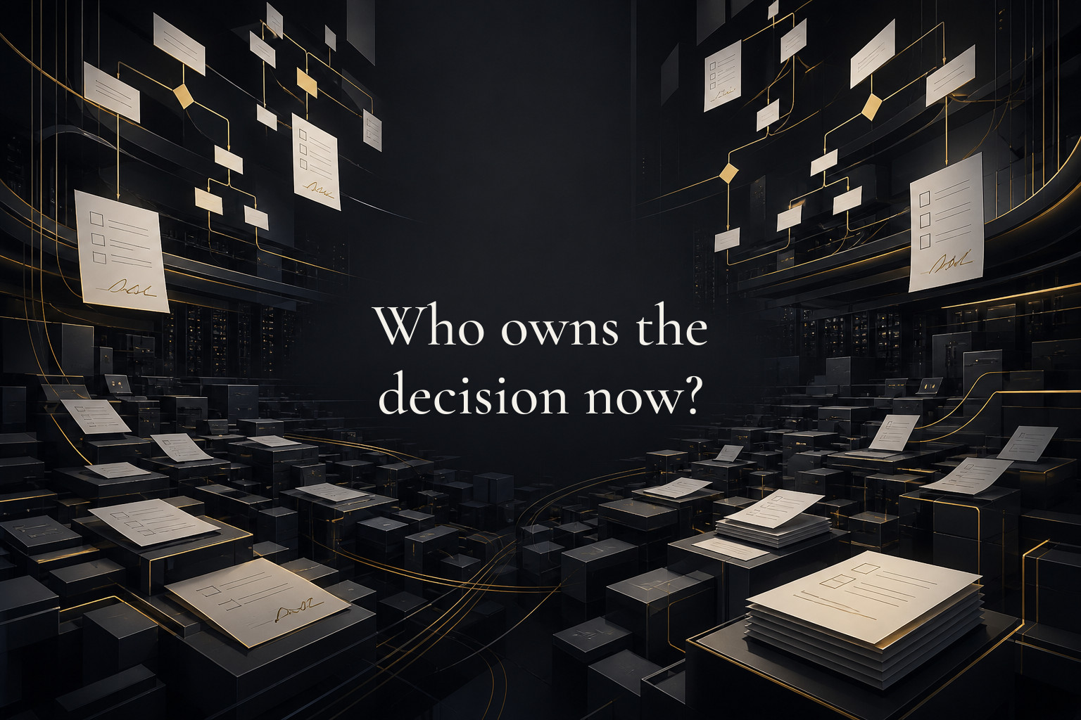 Who owns the decision now? Paper org charts and approval boxes floating over a busy multi-agent control room, with signatures lagging behind automated actions — Organizations create avoidable risk when they call AI 'just a tool' even where…