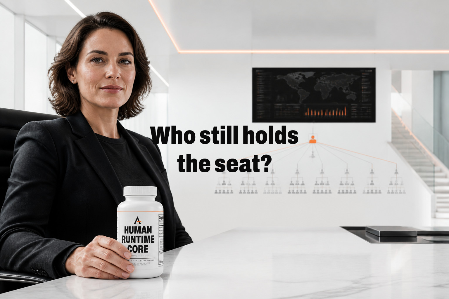 Who still holds the seat? A dark executive dashboard overlooking a brightly lit org chart, with many workstreams collapsing upward into one screen — Because AI-based top-down monitoring is easier to implement than redesigning how a firm works, the…