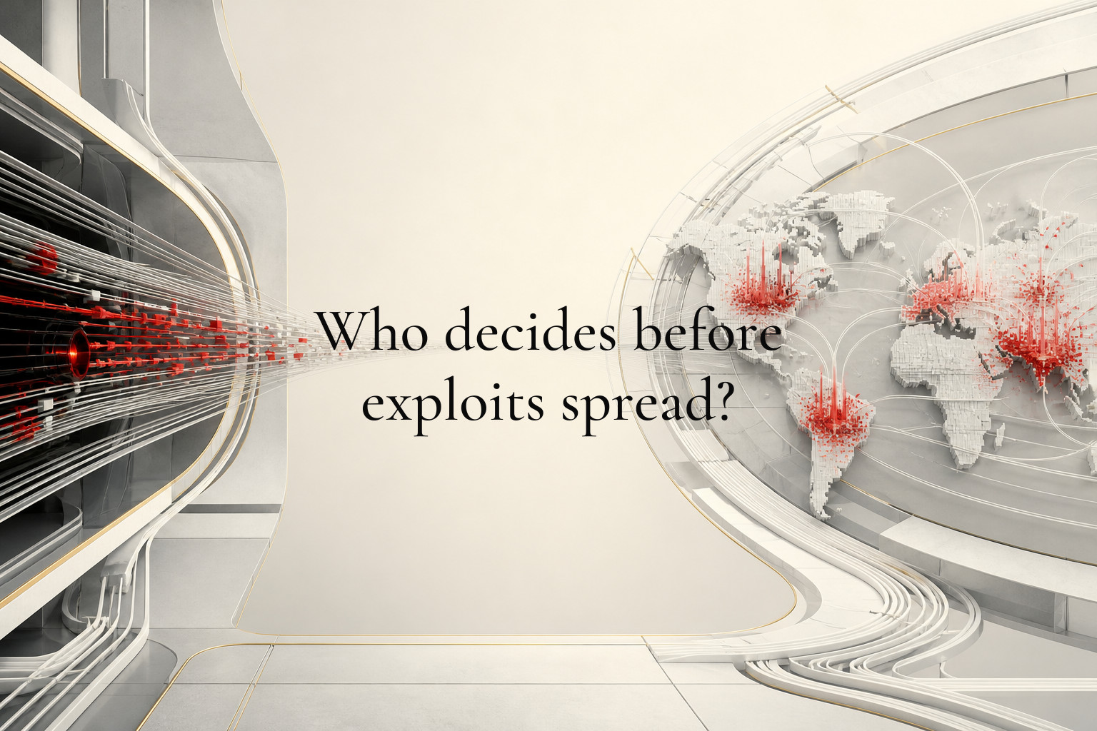 Who decides before exploits spread? A narrowing gap between an early warning log line and a spreading incident map, with the human decision path highlighted as the fragile point — In AI-era security, the human advantage is not trying to react…