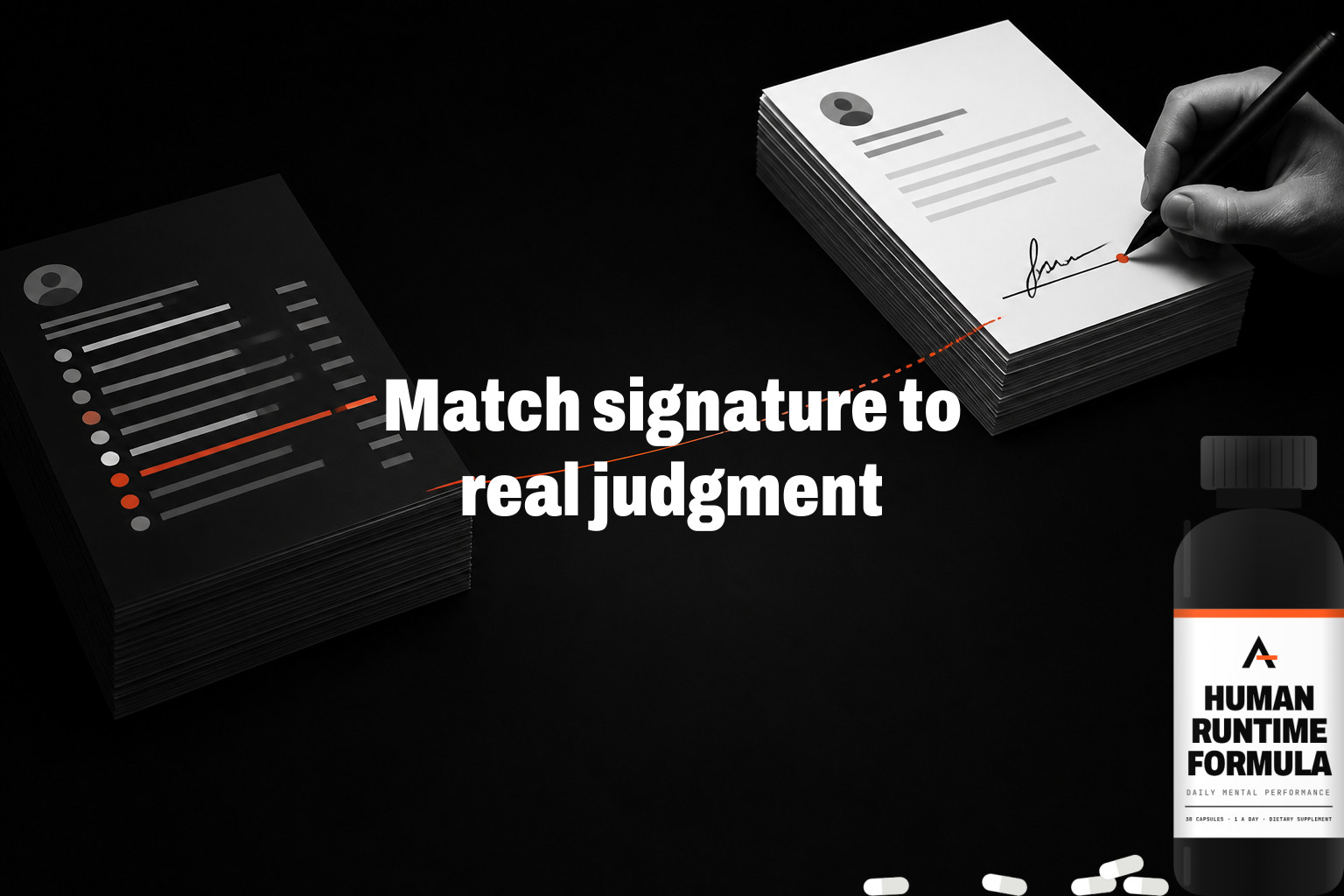Match signature to real judgment. A journal acceptance form with a human signature line overlaid on top of a machine-generated review, showing the signature and the judgment drifting apart — This week, identify one review process where the…