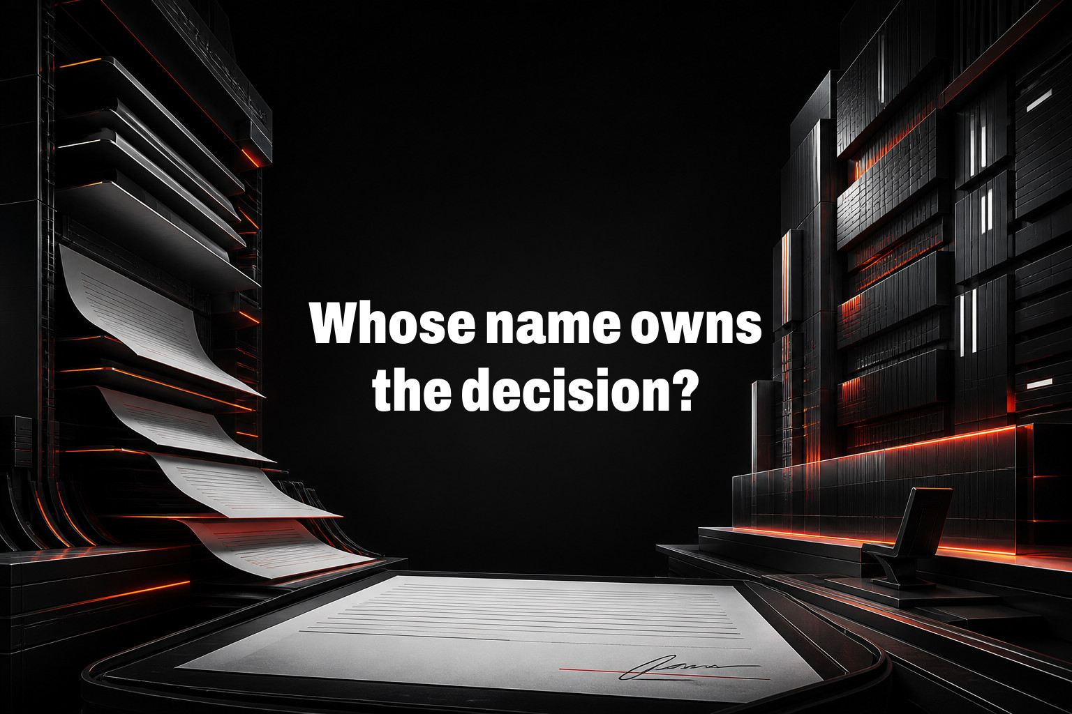 Whose name owns the decision? A journal acceptance form with a human signature line overlaid on top of a machine-generated review, showing the signature and the judgment drifting apart — The main risk in AI peer review is not that machines are…