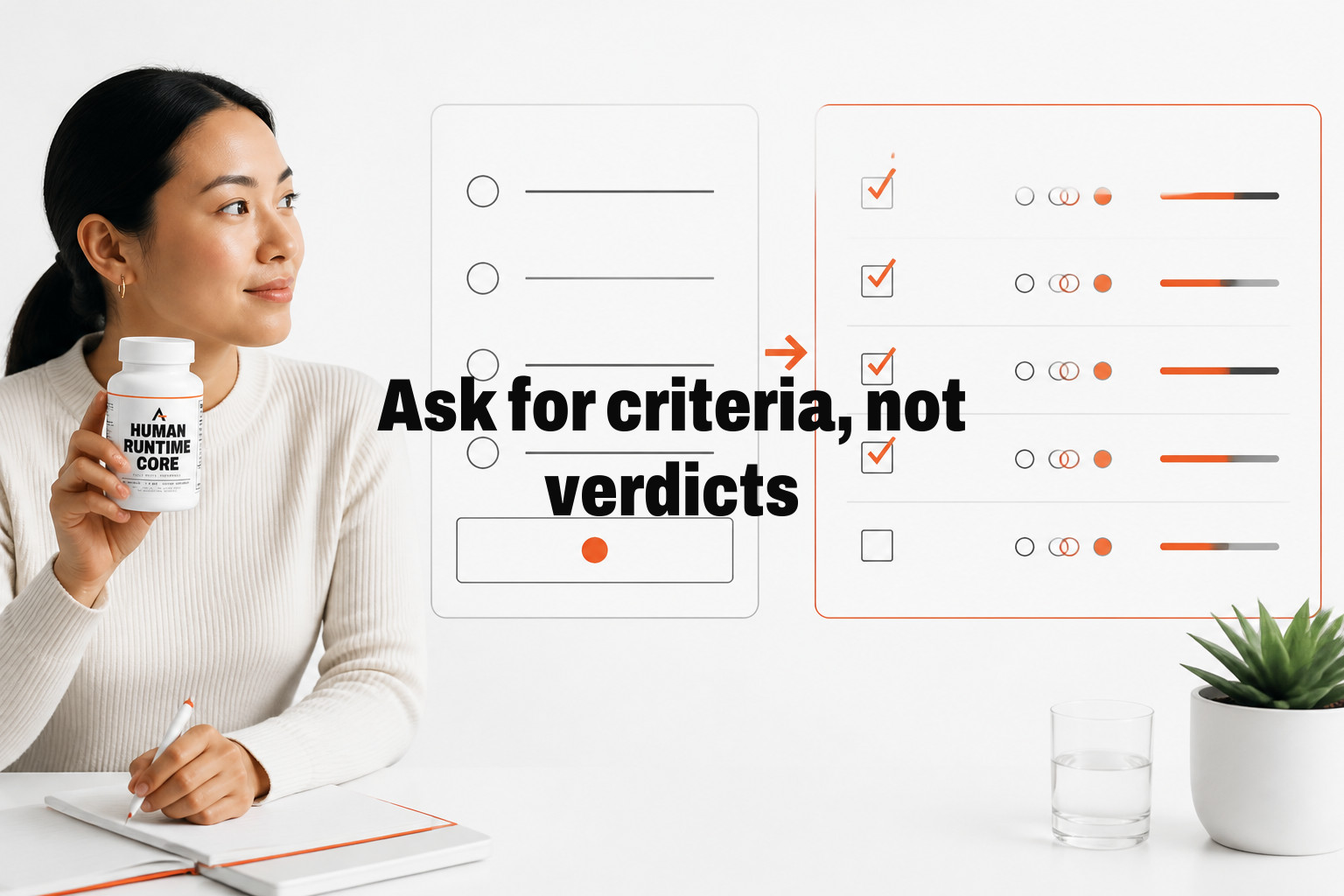 Ask for criteria, not verdicts. A split-screen ballot-style interface on one side and a marked-up decision checklist on the other, showing the move from verdicts to inspectable criteria — This week, stop asking AI what to do in consequential…