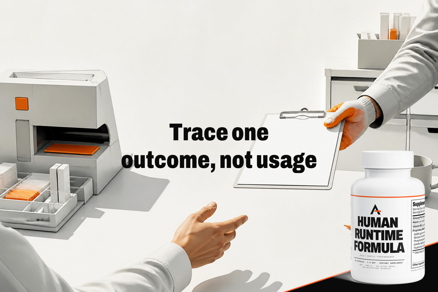 Trace one outcome, not usage. A prepaid machine on one side of a desk and a worker being handed a clipboard labeled proof on the other — This week, pick one AI step in your workflow and track one before-and-after measure tied to a real business…