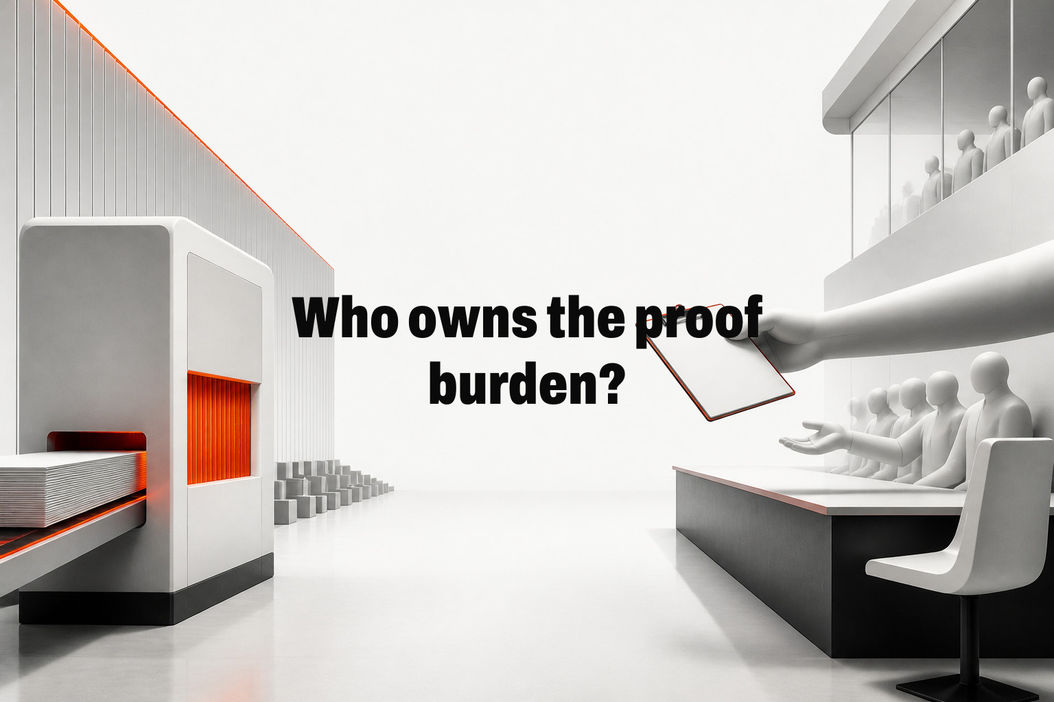 Who owns the proof burden? A prepaid machine on one side of a desk and a worker being handed a clipboard labeled proof on the other — When AI is treated outside tech as a margin-hurting cost center while capacity commitments keep rising, the…