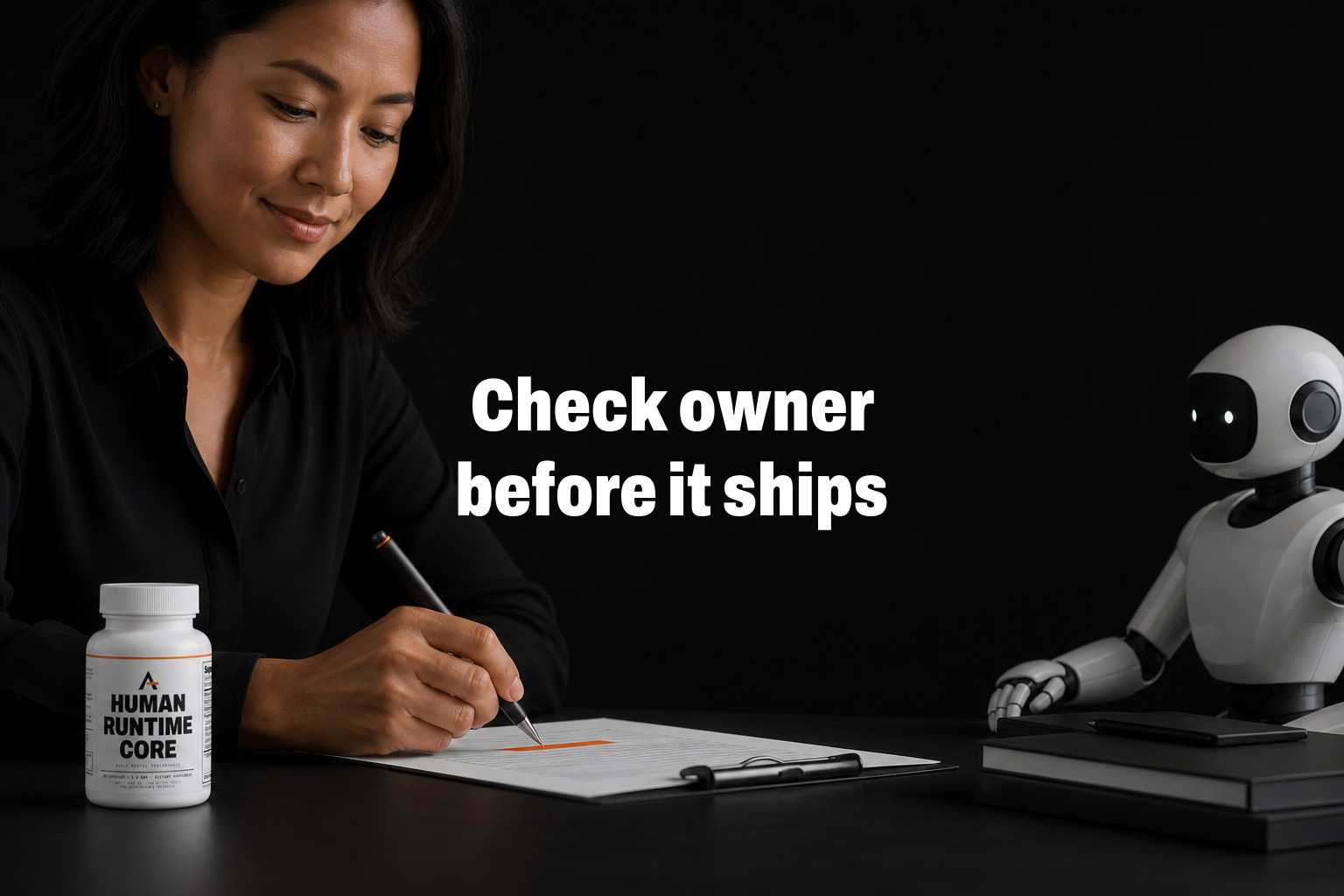 Check owner before it ships. A meeting recap with one highlighted action item and a human hand marking owner confirmation before it is sent — This week, hold AI-generated action items in draft until a human owner explicitly confirms them