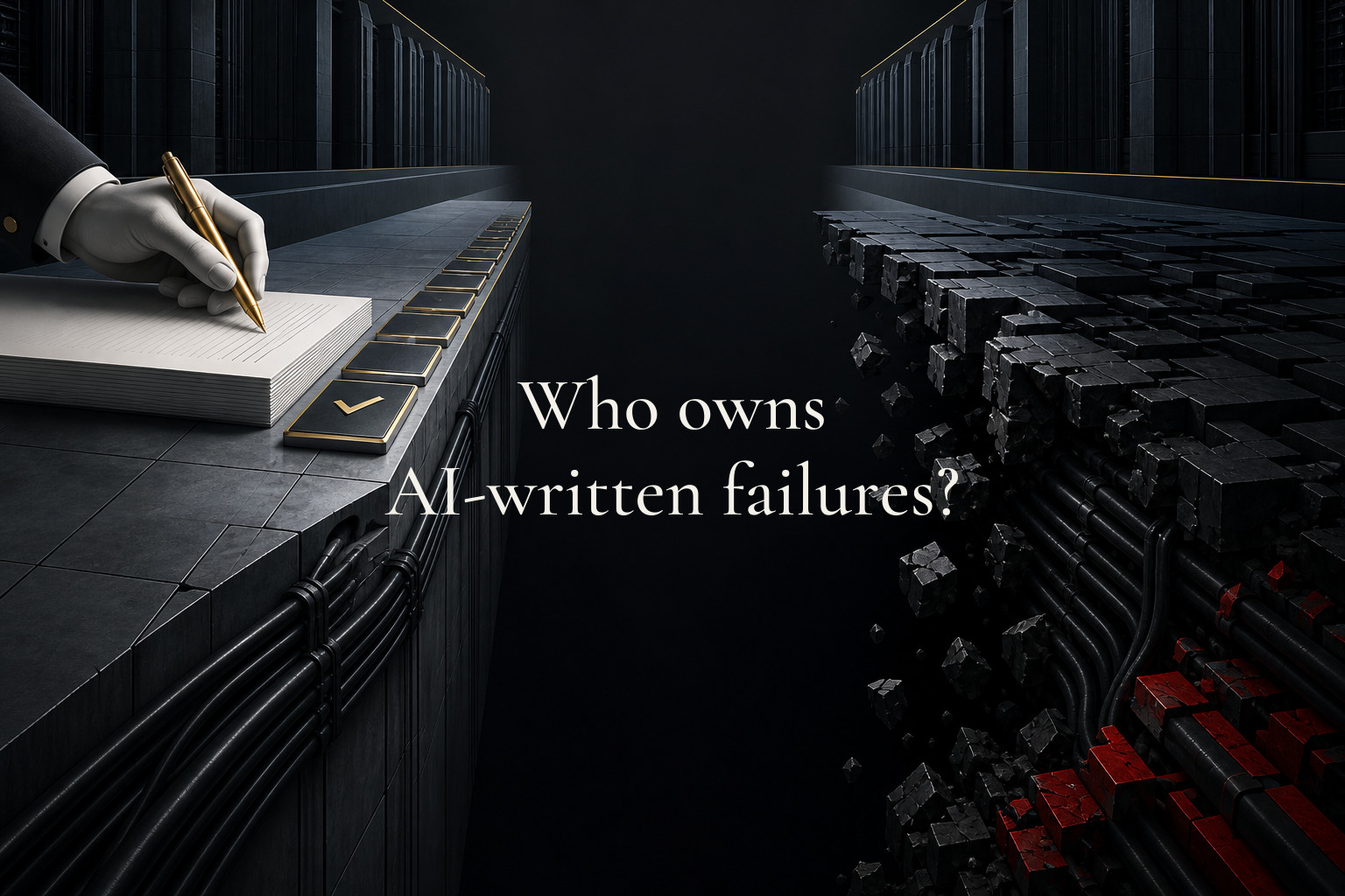 Who owns AI-written failures? A human hand signing off on machine-generated code, with approval marks stopping where certainty runs out — The live issue is not whether AI can write code. It is whether a human review standard exists that is strong…