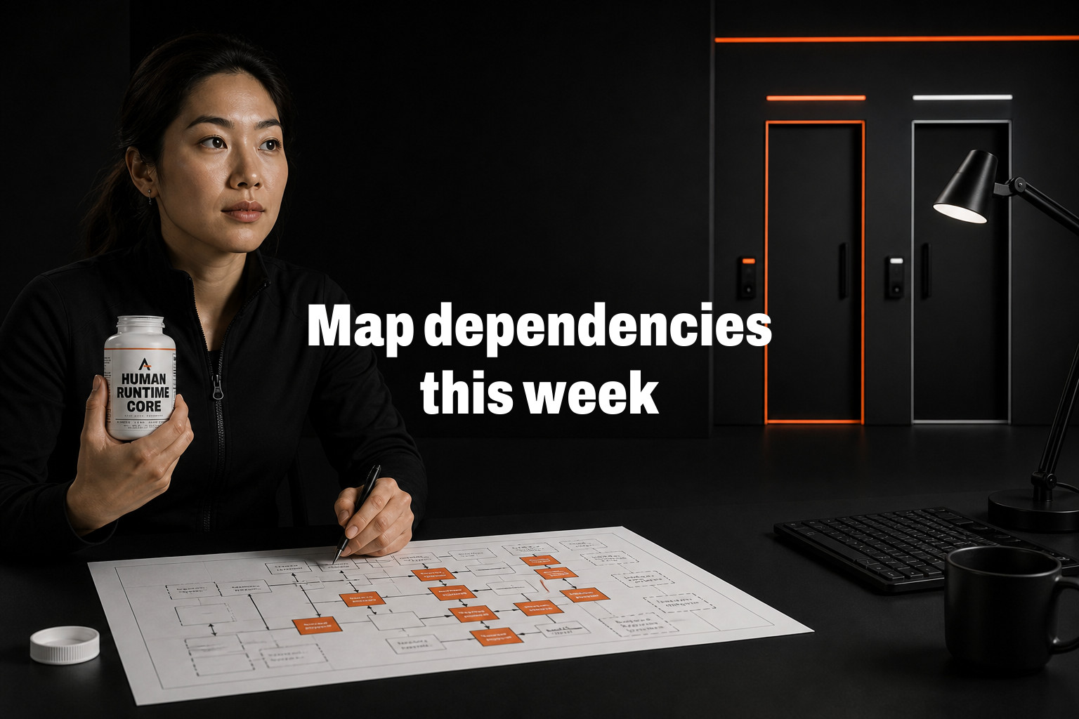 Map dependencies this week. Two doors in the same lab: one marked public model, one marked internal model; on the desk, a product plan with provider dependencies highlighted — This week, map every workflow or product promise that assumes one model…