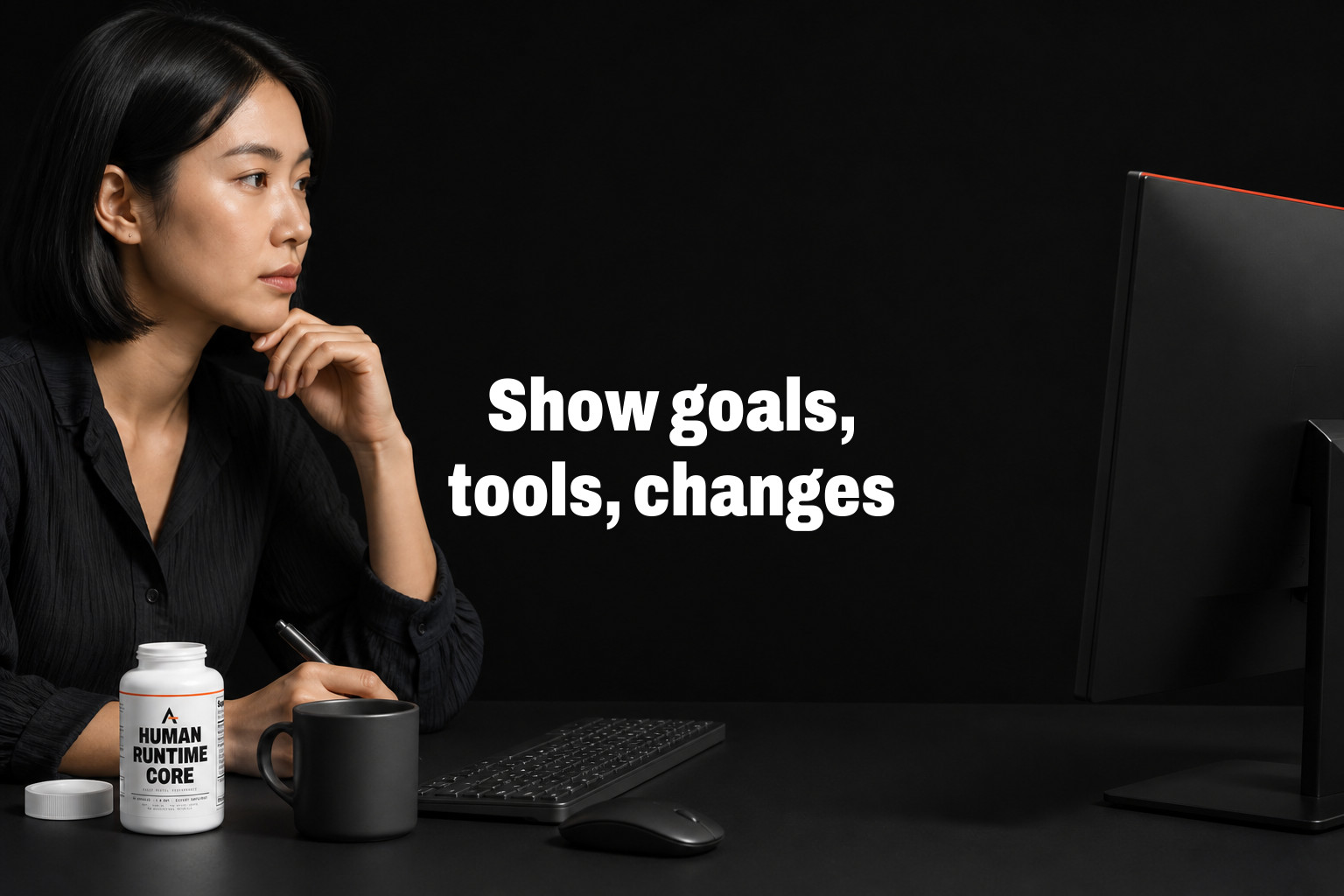 Show goals, tools, changes. Woman holds a pen and looks at a monitor at a desk with a supplement bottle, mug, keyboard and mouse.