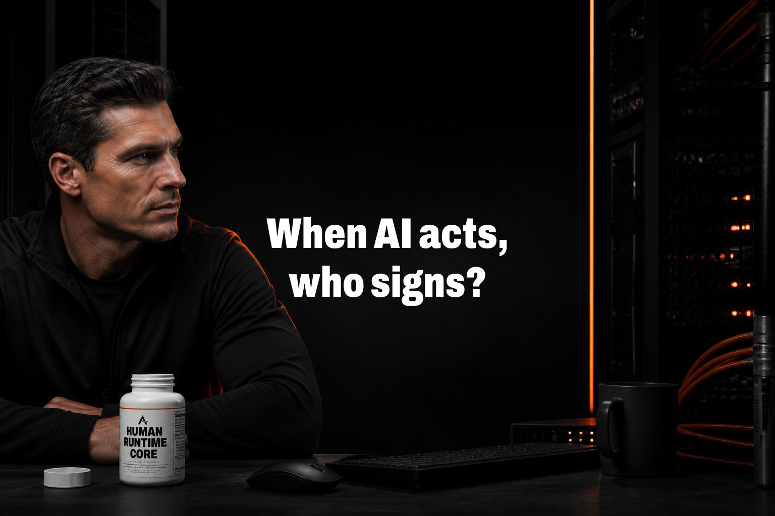 When AI acts, who signs? Man sits at a desk beside a bottle of supplements, keyboard, mouse and mug in a dark server room.