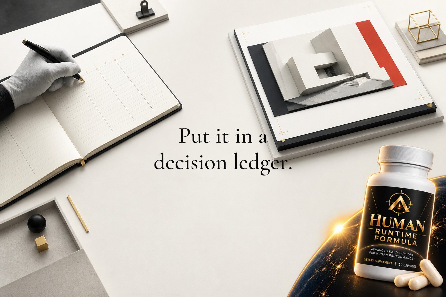 Put it in a decision ledger. A finished AI-generated work product beside a plain written log of decisions, with the log carrying the real weight of accountability — This week, keep a simple decision ledger for AI-assisted work: note the decision…