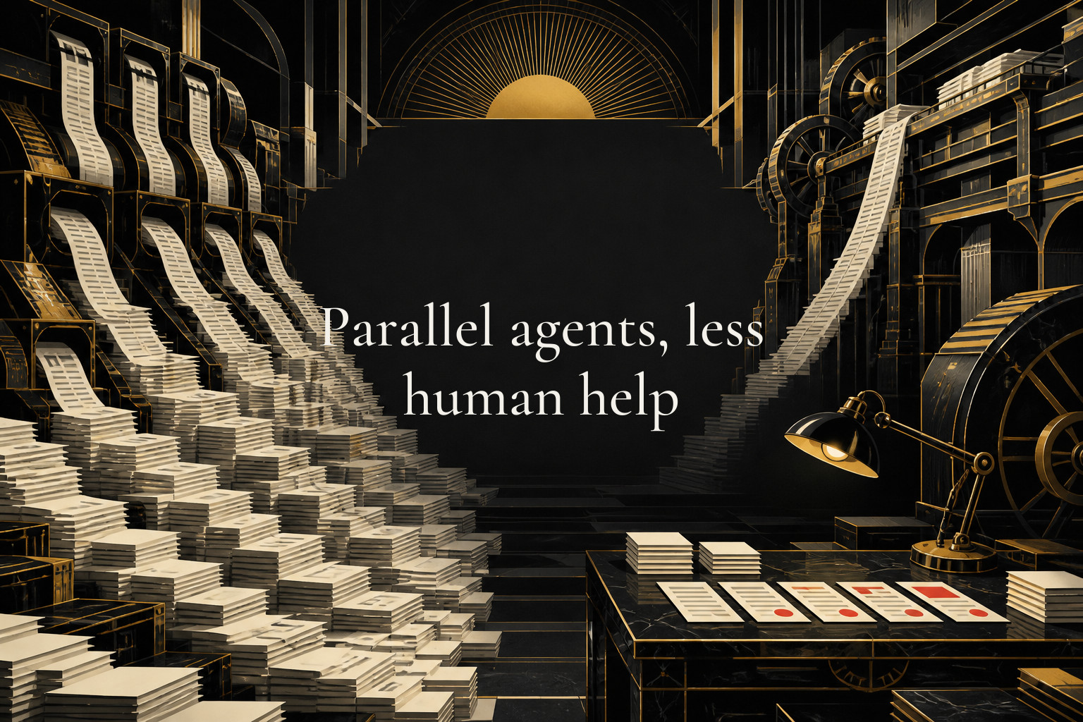 Parallel agents, less human help. A flood of machine-generated drafts contrasted with a human marking only a few as usable — As agent systems multiply drafts and replies, discernment becomes more economically important than first-pass production