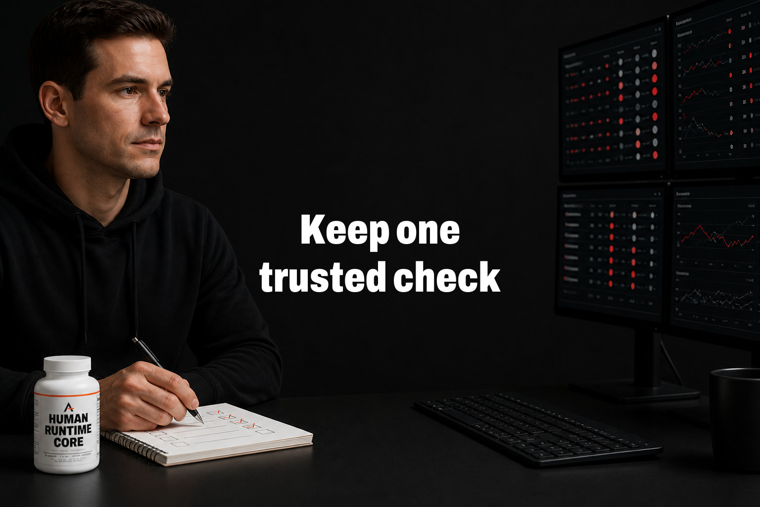 Keep one trusted check. Screens full of broken status lights and conflicting logs, contrasted with a human-kept checklist and reconciled record — This week, identify one critical output and keep an independent way to verify it if the main system…