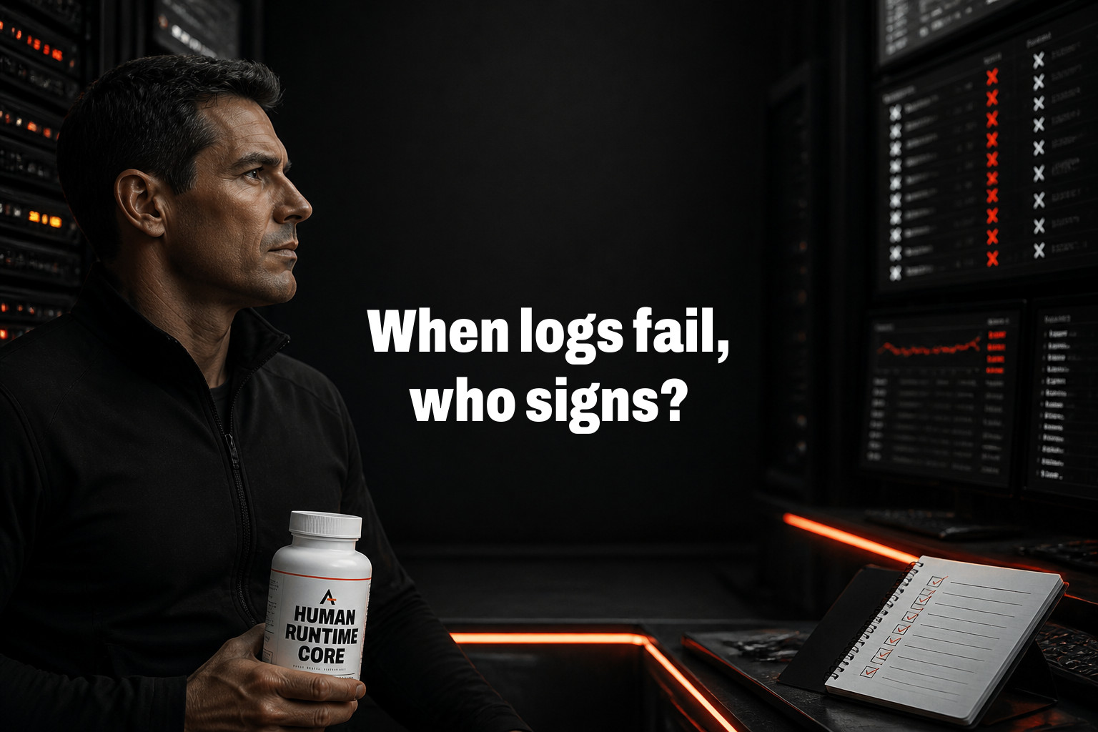 When logs fail, who signs? Screens full of broken status lights and conflicting logs, contrasted with a human-kept checklist and reconciled record — The deeper workplace danger is not just downtime. It is verification failure: when AI-driven attack…