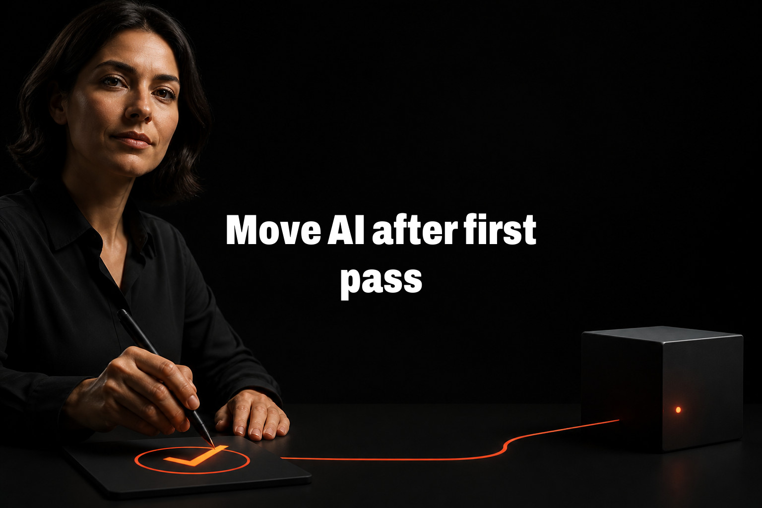 Move AI after first pass. Woman uses a stylus on a tablet with a glowing check mark at a dark table beside a black cube.