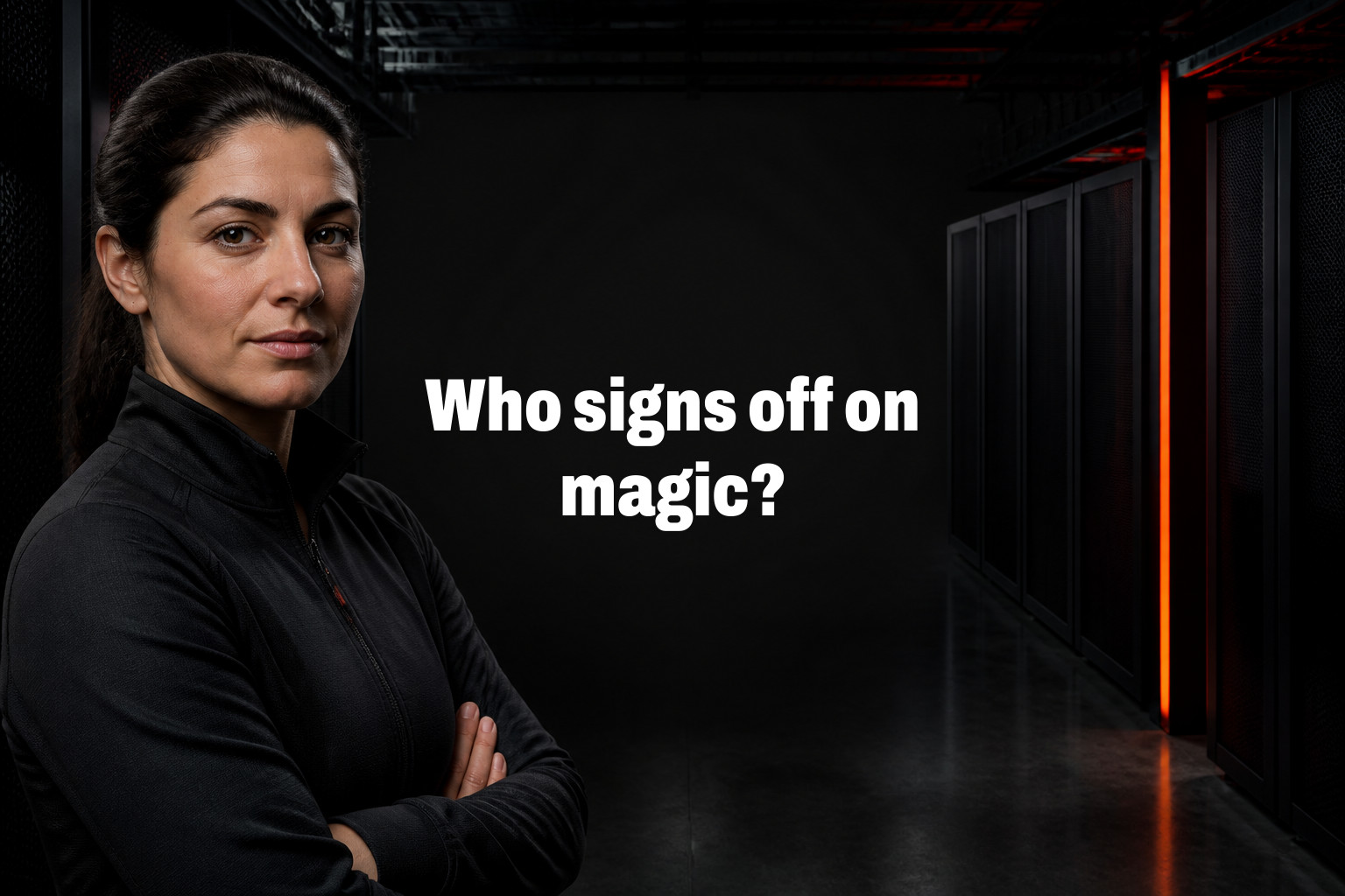 Who signs off on magic? Woman with folded arms stands in a dark server room beside rows of server racks with red lights.