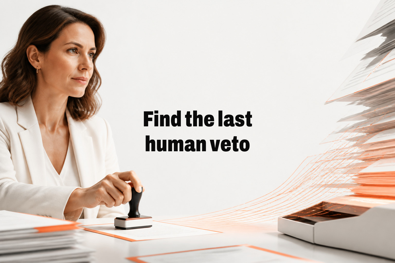 Find the last human veto. Woman in a white blazer stamps papers at a desk beside a tray of documents in a bright office.