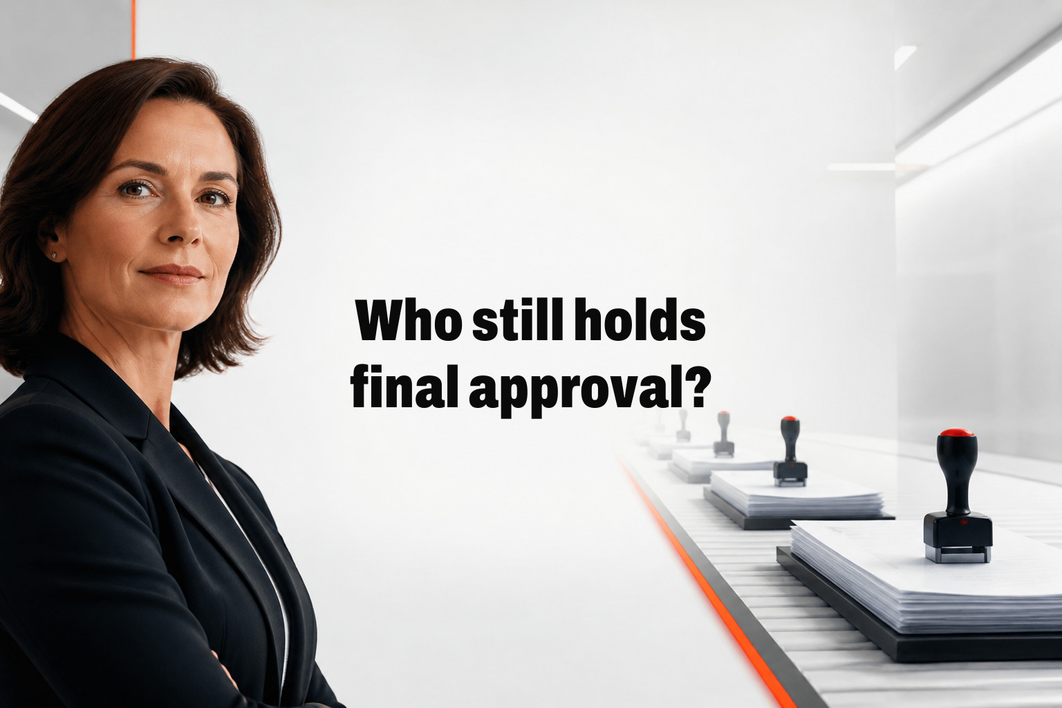 Who still holds final approval? A woman in a blazer stands indoors beside stacks of papers on a conveyor line with red-handled stamps.