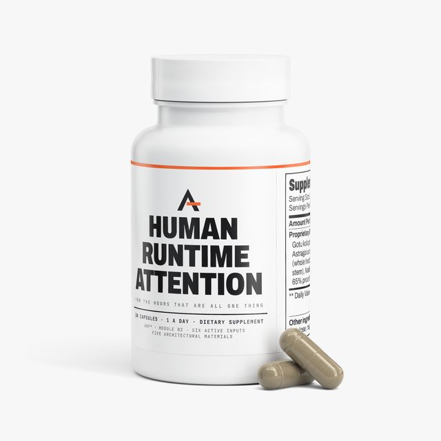 Human Runtime Attention™, the bottle from the front with capsules beside it.