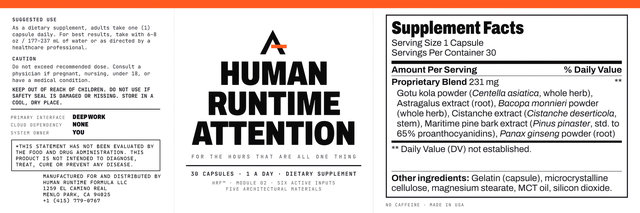 Human Runtime Attention™’s label laid flat: the suggested use, the caution and the warning at the left, the front in the middle, and the Supplement Facts panel at the right.