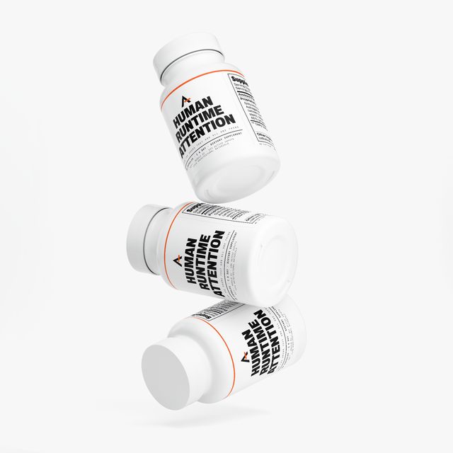 Three bottles of Human Runtime Attention™ balanced one on another, their labels turned different ways.