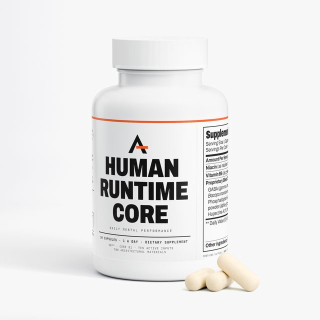 Human Runtime Core™, the bottle from the front with capsules beside it.
