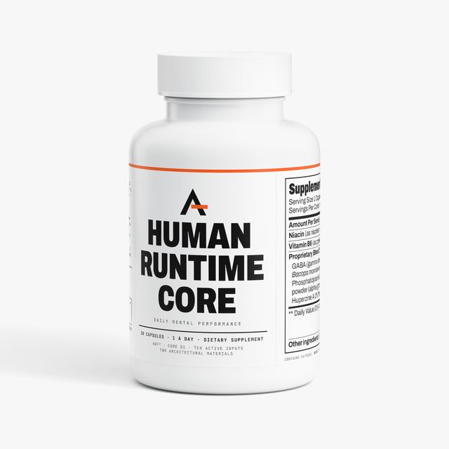 Human Runtime Core™, the white bottle from the front: the orange stripe along the top of its label, the Apex mark, the product’s name in three stacked lines, and the edge of the Supplement Facts panel at the right.