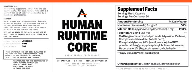 Human Runtime Core™’s label laid flat: the suggested use, the caution and the warning at the left, the front in the middle, and the Supplement Facts panel at the right.
