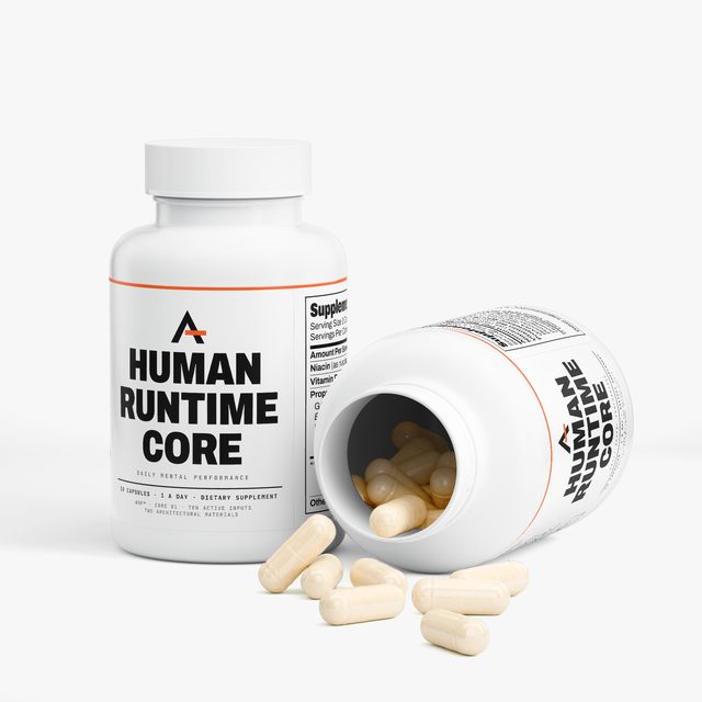 Two bottles of Human Runtime Core™: one standing, the other on its side with its cap off and capsules spilling from it.