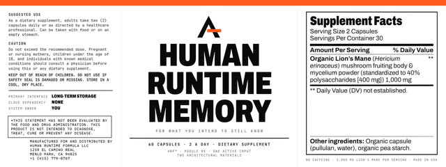 Human Runtime Memory™’s label laid flat: the suggested use, the caution and the warning at the left, the front in the middle, and the Supplement Facts panel at the right.