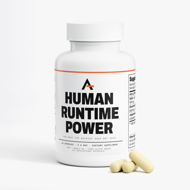 Human Runtime Power™, the bottle from the front with capsules beside it.