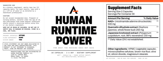 Human Runtime Power™’s label laid flat: the suggested use, the caution and the warning at the left, the front in the middle, and the Supplement Facts panel at the right.