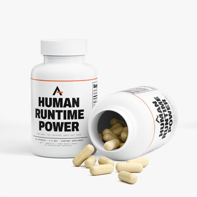 Two bottles of Human Runtime Power™: one standing, the other on its side with its cap off and capsules spilling from it.