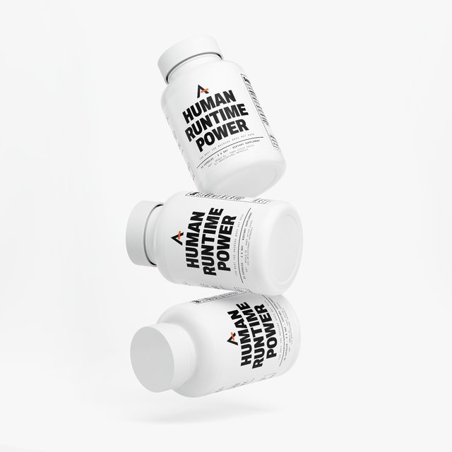 Three bottles of Human Runtime Power™ balanced one on another, their labels turned different ways.