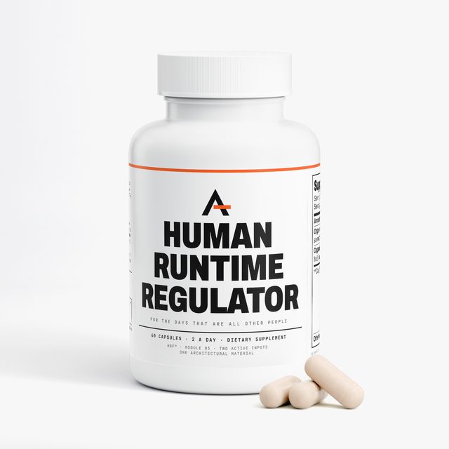 Human Runtime Regulator™, the bottle from the front with capsules beside it.