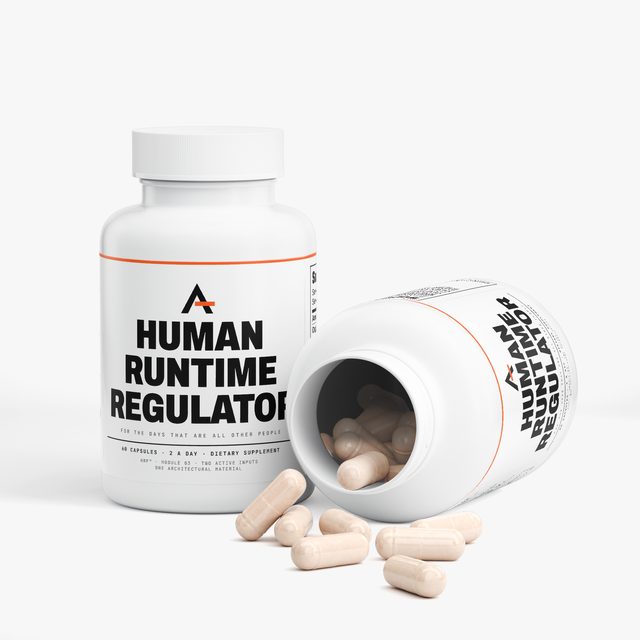 Two bottles of Human Runtime Regulator™: one standing, the other on its side with its cap off and capsules spilling from it.