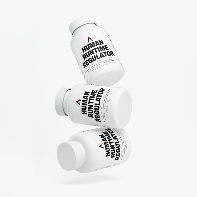 Three bottles of Human Runtime Regulator™ balanced one on another, their labels turned different ways.