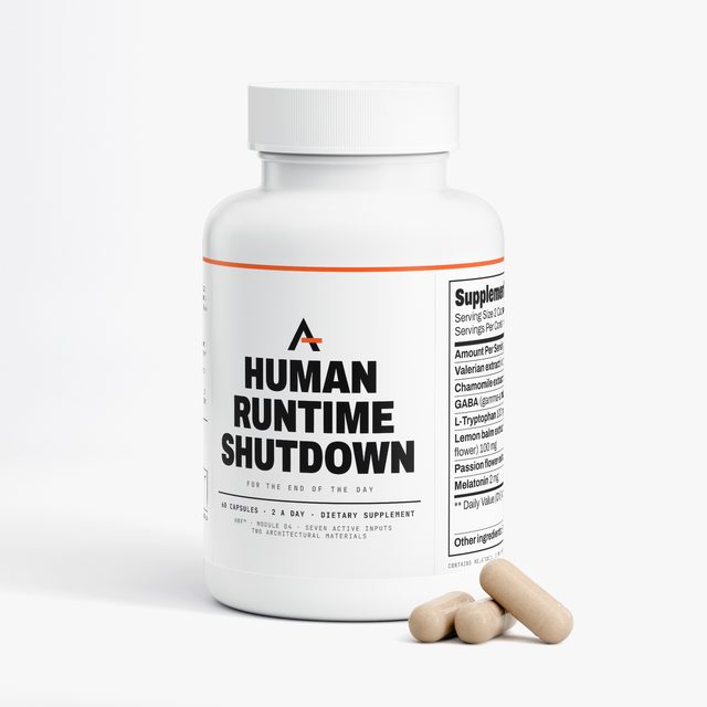 Human Runtime Shutdown™, the bottle from the front with capsules beside it.