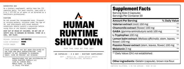 Human Runtime Shutdown™’s label laid flat: the suggested use, the caution and the warning at the left, the front in the middle, and the Supplement Facts panel at the right.