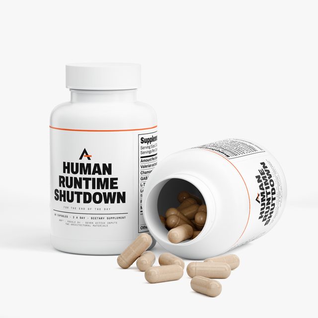 Two bottles of Human Runtime Shutdown™: one standing, the other on its side with its cap off and capsules spilling from it.