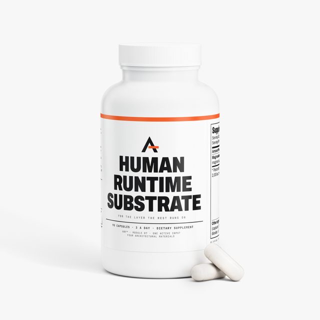 Human Runtime Substrate™, the bottle from the front with capsules beside it.