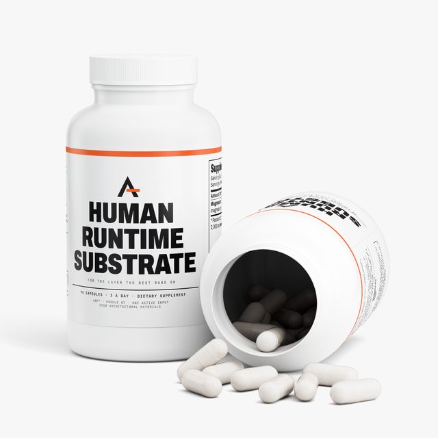 Two bottles of Human Runtime Substrate™: one standing, the other on its side with its cap off and capsules spilling from it.