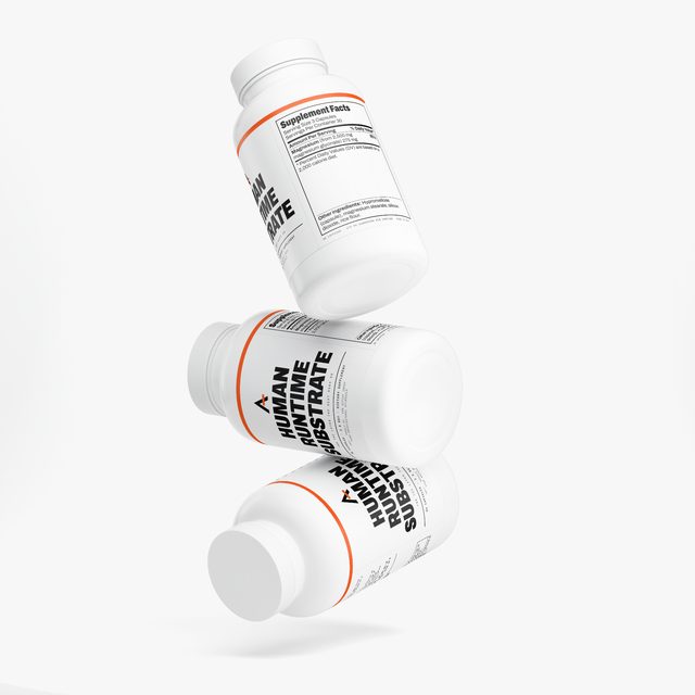 Three bottles of Human Runtime Substrate™ balanced one on another, their labels turned different ways.