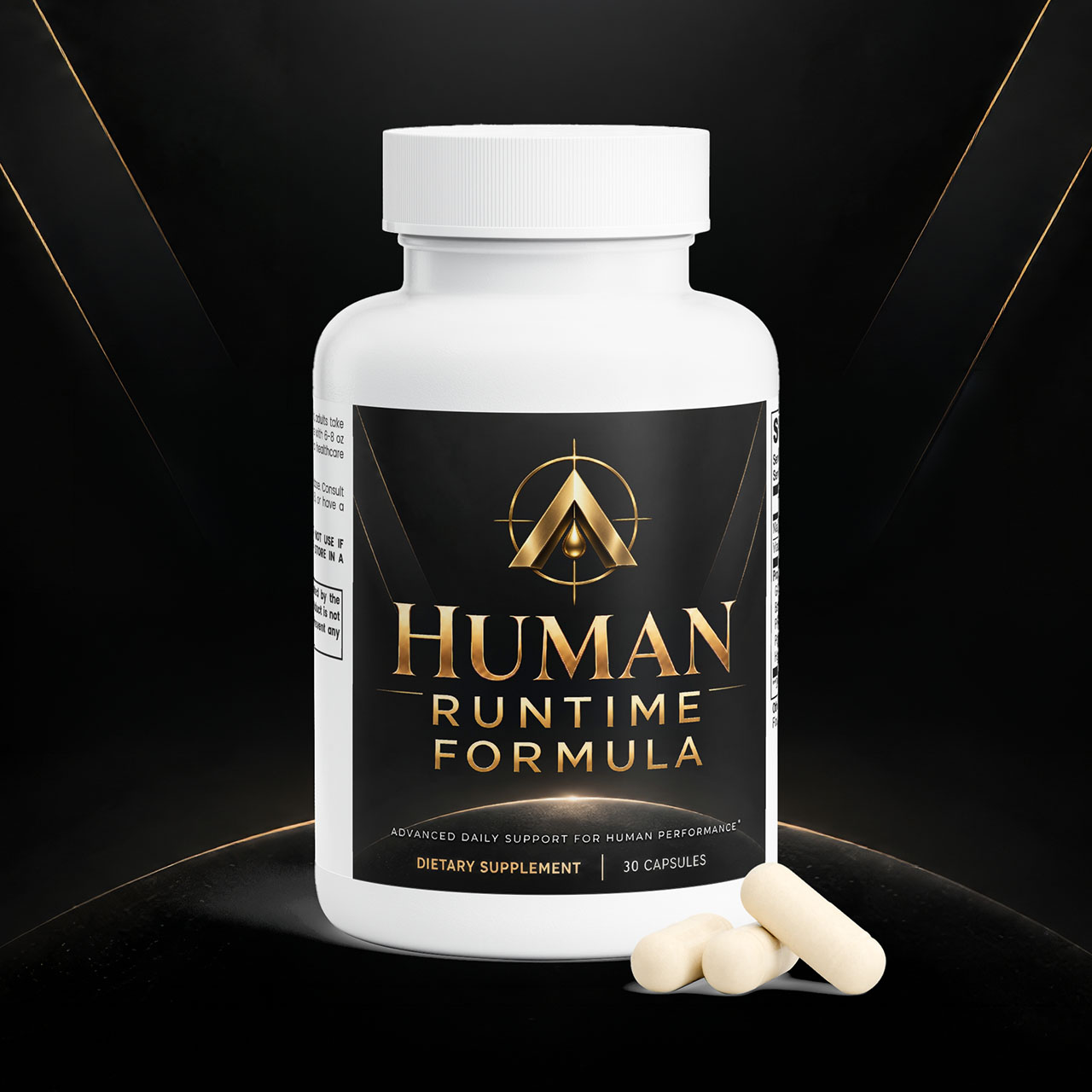 The bottle with three capsules beside it, its front label forward: the symbol, the stacked wordmark, Human Runtime Formula, 30 capsules.