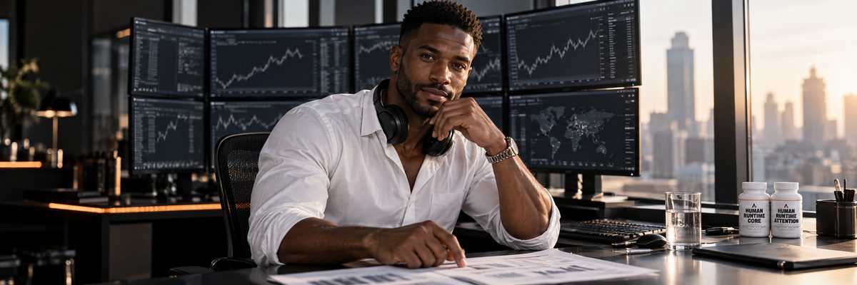 A man in his early thirties in an open-collared shirt at a trading desk in the early morning, headphones around his neck, a finger on a printed sheet, bottles of Human Runtime Core™ and Human Runtime Attention™ at the desk’s far corner.