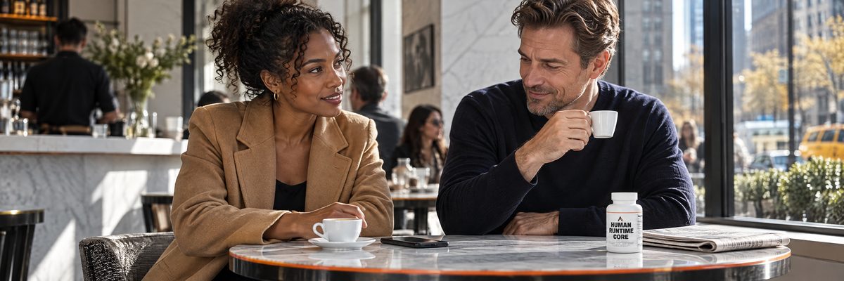 Two friends at a marble café table, a woman in a camel coat talking to a man in a navy sweater over coffee, and the bottle of Human Runtime Core™ she brought him on his side of the table beside his newspaper.
