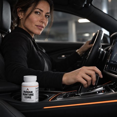 Close up: a woman’s hand on the gear selector of a dark sports car, her face turned to the camera, a bottle of Human Runtime Core™ in the cupholder beside it.