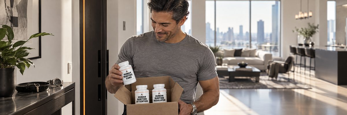 A man in his forties just inside the open door of a bright apartment in the morning, a small package open at his waist, lifting a bottle of Human Runtime Core™ out of it beside bottles of Human Runtime Attention™ and Human Runtime Regulator™ and looking down at it with a grin.