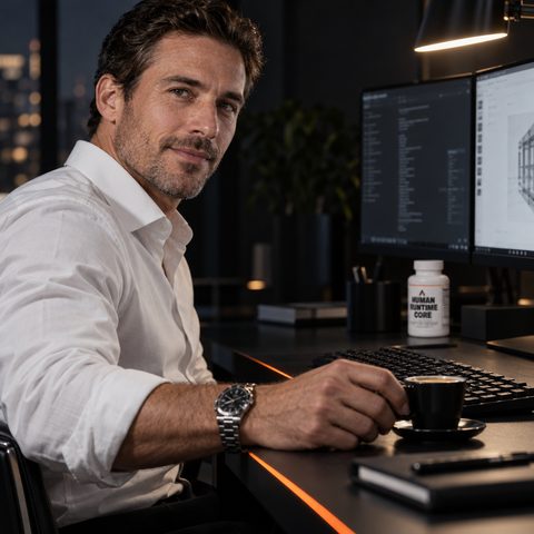 Close up: a man’s hand setting an espresso down beside a dark keyboard, a steel watch on his wrist, two monitors glowing behind and a bottle of Human Runtime Core™ at the back of the desk.
