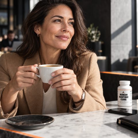 Close up: a woman’s hands around an espresso at a marble café table, her smile above, a bottle of Human Runtime Core™ at the far end of the table beside her phone.